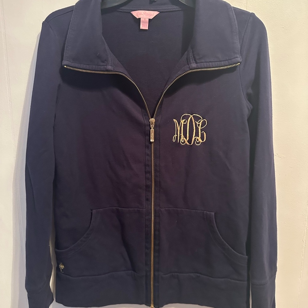 Lilly Pulitzer Monogrammed Blue and Gold Zippered Long Sleeve Hoodie